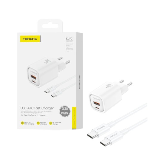 Carregador Foneng EU70 2 Portas USB-A+Tipo-C PD 20W com cabo Tipo-C para Tipo-C Branco